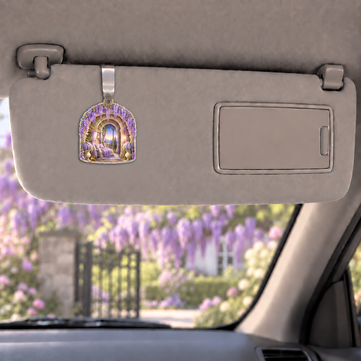 Wisteria Bedroom Arch Holographic Car Visor Clip with printed optical 3D artwork in its use setting