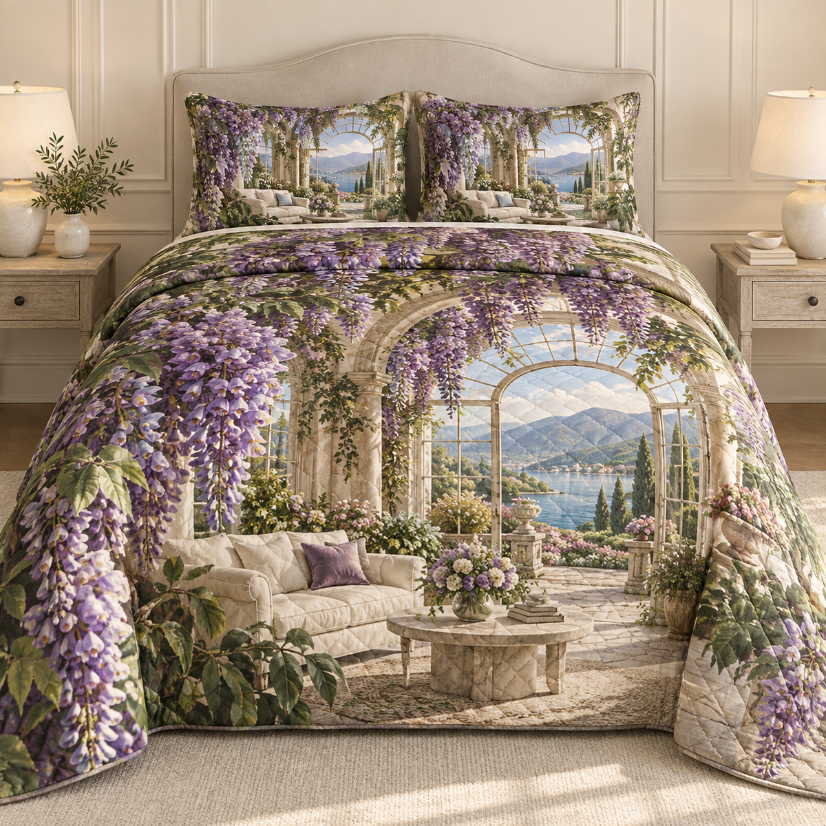 Wisteria Living Room Arch Quilted Bedding Set with printed optical 3D artwork in its use setting
