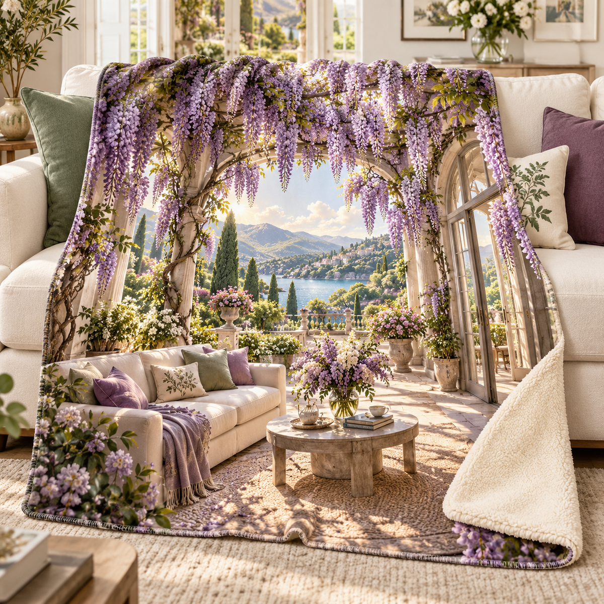 Wisteria Living Room Arch Sherpa & Fleece Blanket with printed optical 3D artwork in its use setting