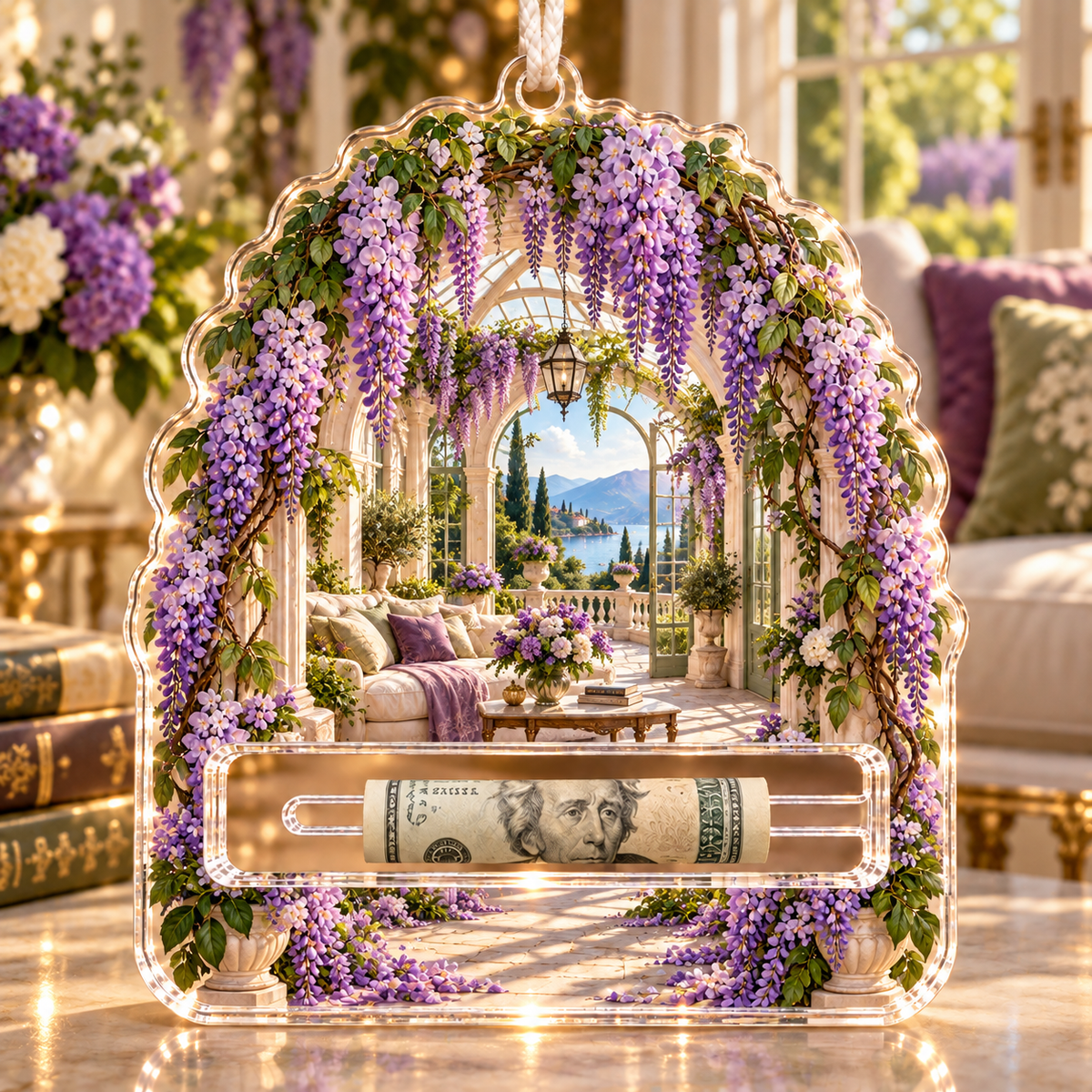 Wisteria Living Room Arch Acrylic Cash Holder Ornament with printed optical 3D artwork in its use setting