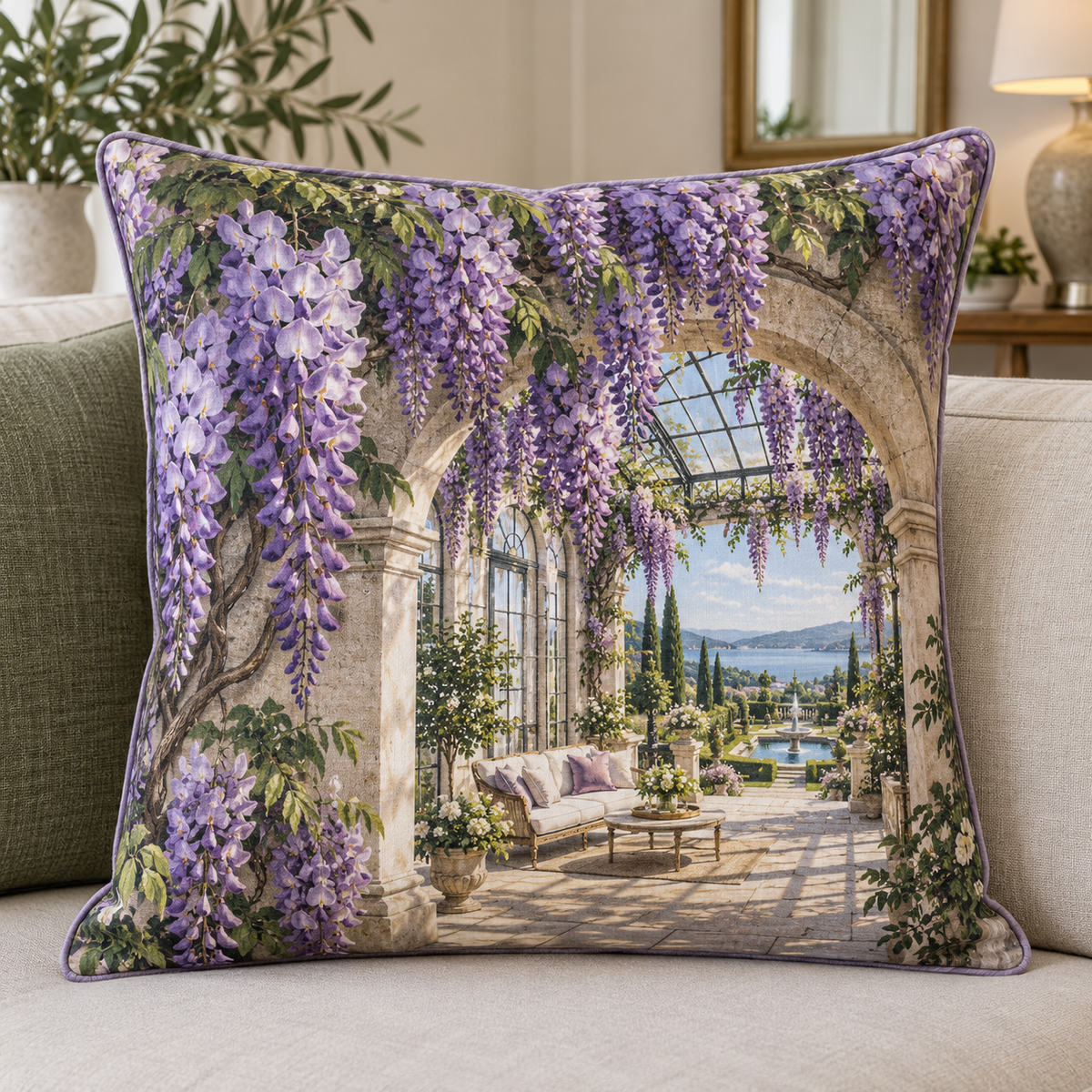 Wisteria Living Room Arch Quilted Cushion Cover with printed optical 3D artwork in its use setting