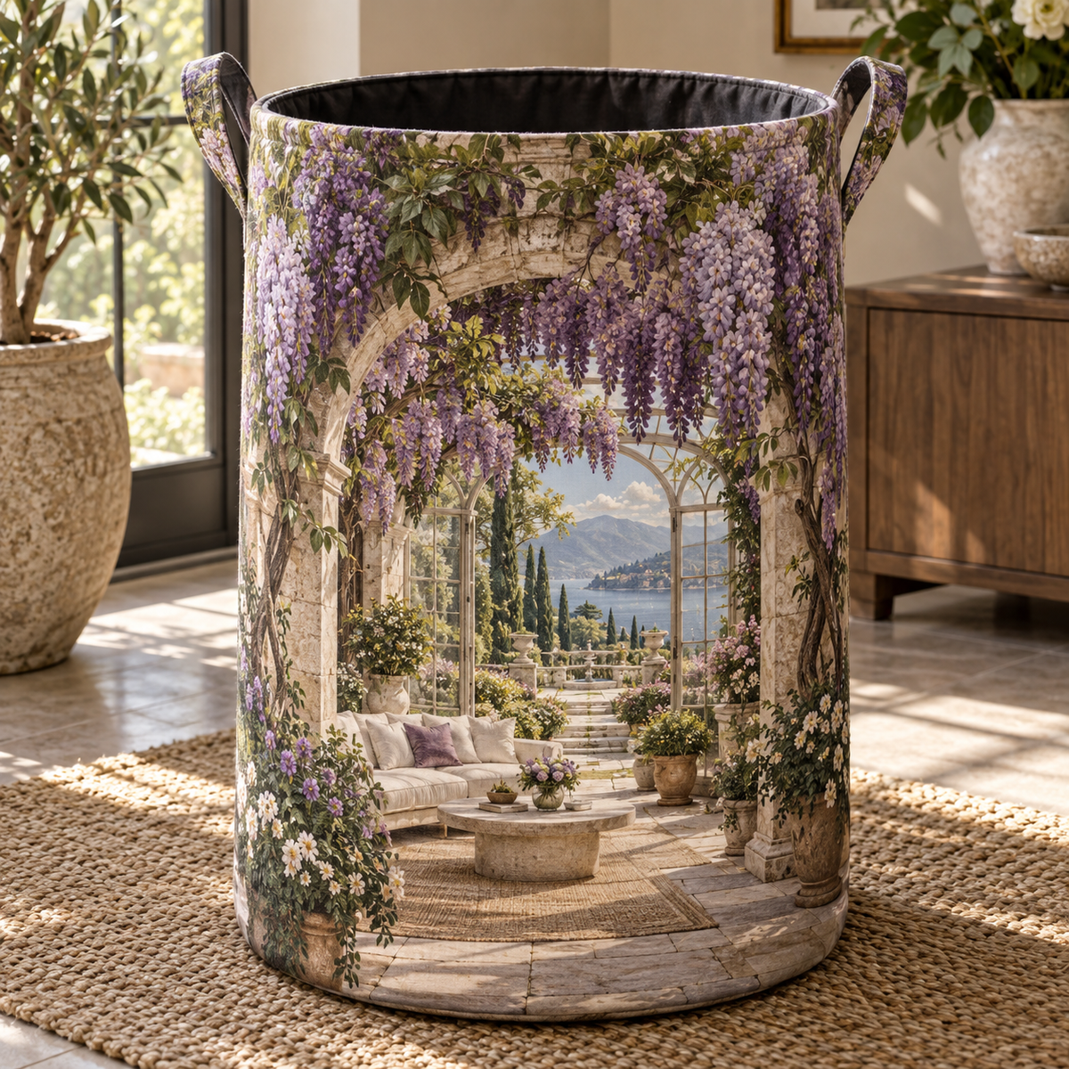 Wisteria Living Room Arch Laundry Hamper with printed optical 3D artwork in its use setting