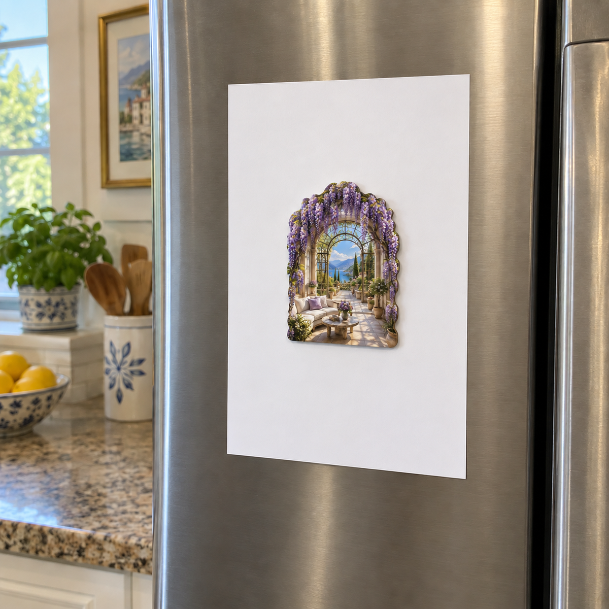 Wisteria Living Room Arch Acrylic Refrigerator Magnet with printed optical 3D artwork in its use setting