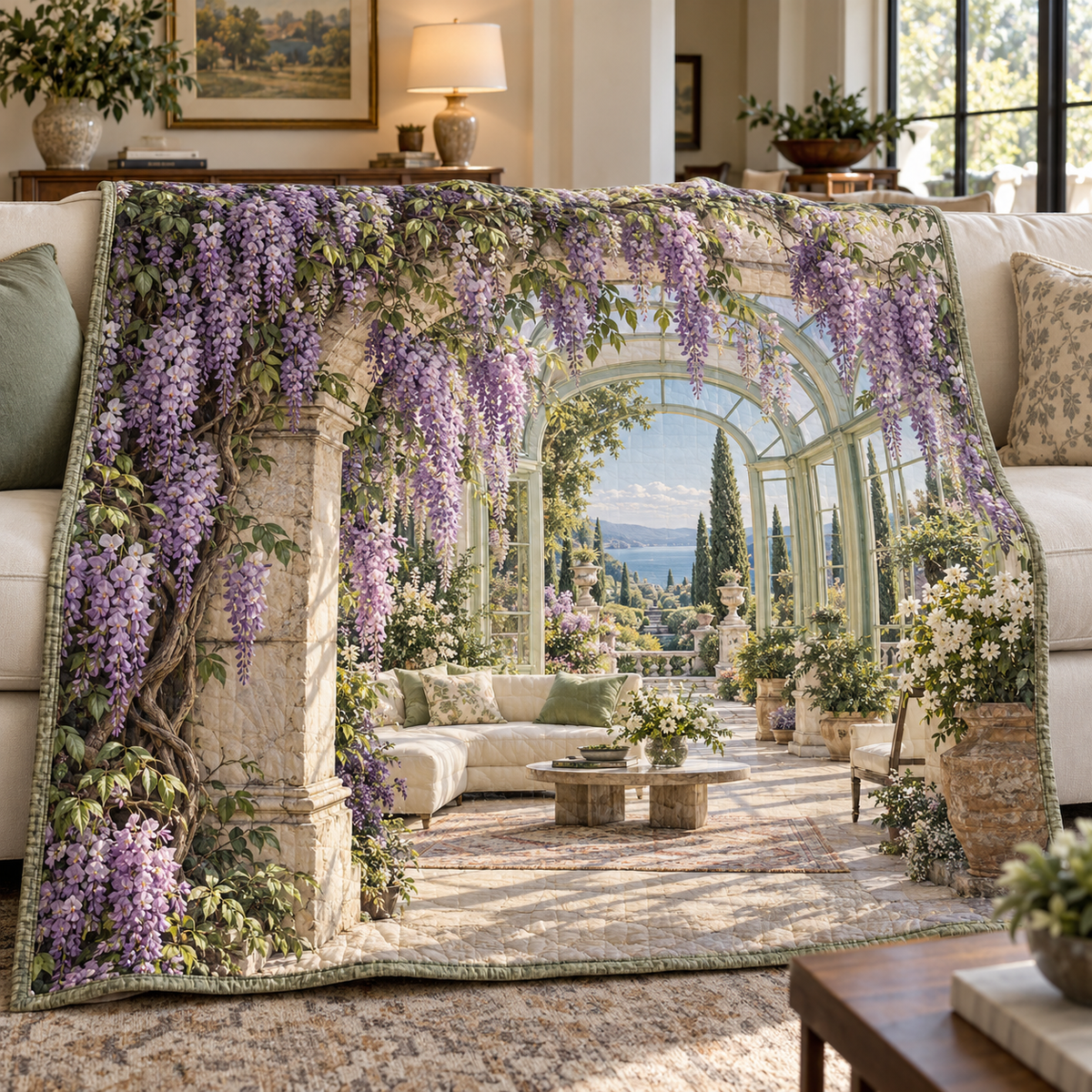 Wisteria Living Room Arch Quilt Blanket with printed optical 3D artwork in its use setting