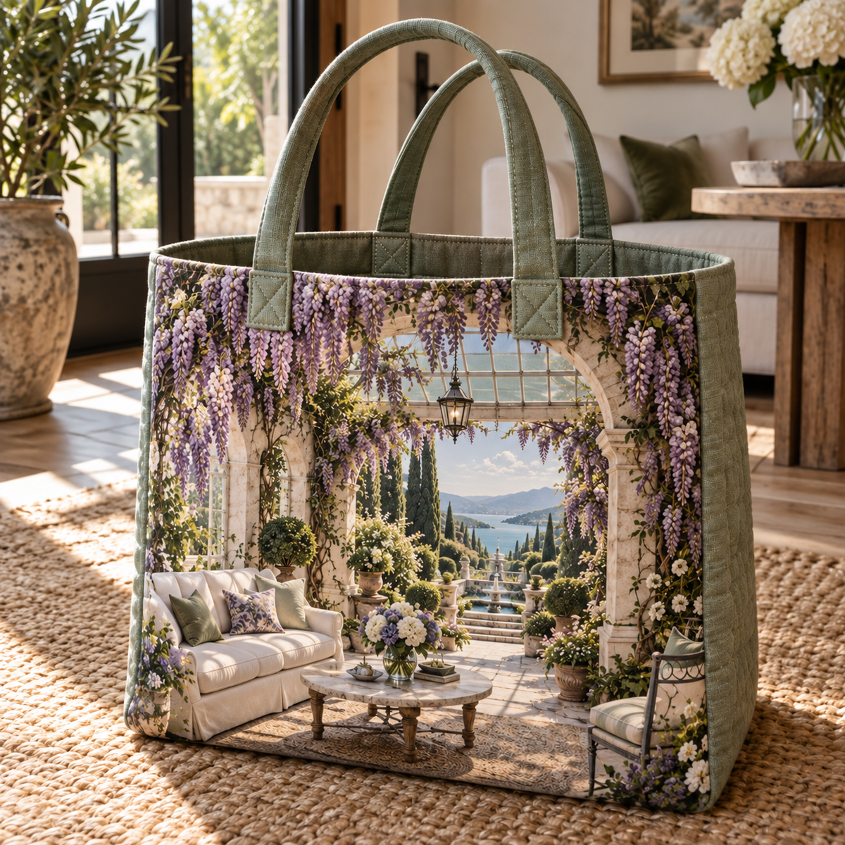 Wisteria Living Room Arch Quilted Tote Bag with printed optical 3D artwork in its use setting