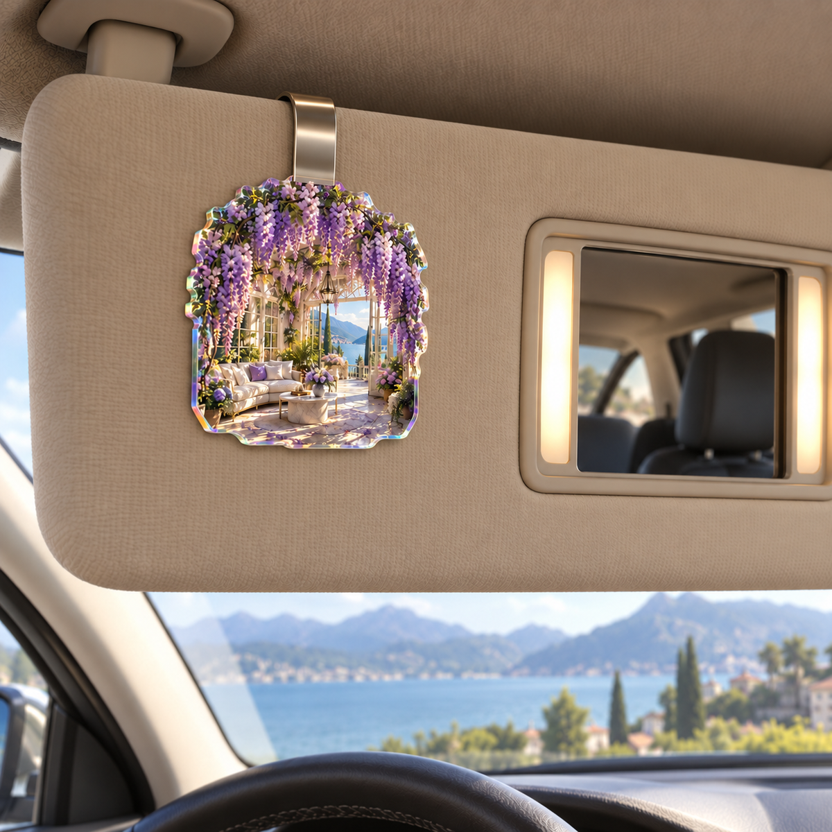Wisteria Living Room Arch Holographic Car Visor Clip with printed optical 3D artwork in its use setting