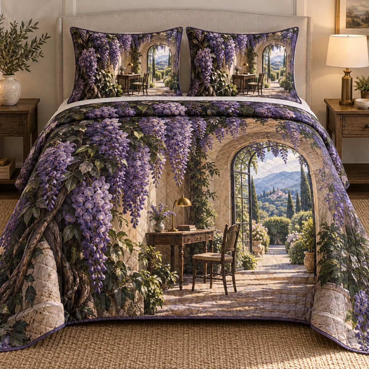 Wisteria Home Office Arch Quilted Bedding Set with printed optical 3D artwork in its use setting