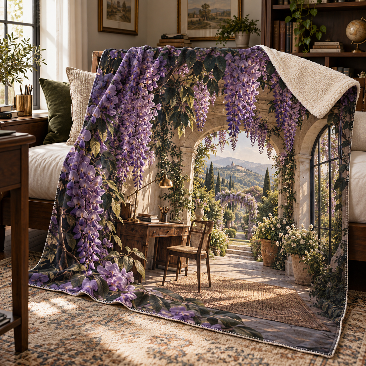 Wisteria Home Office Arch Sherpa & Fleece Blanket with printed optical 3D artwork in its use setting