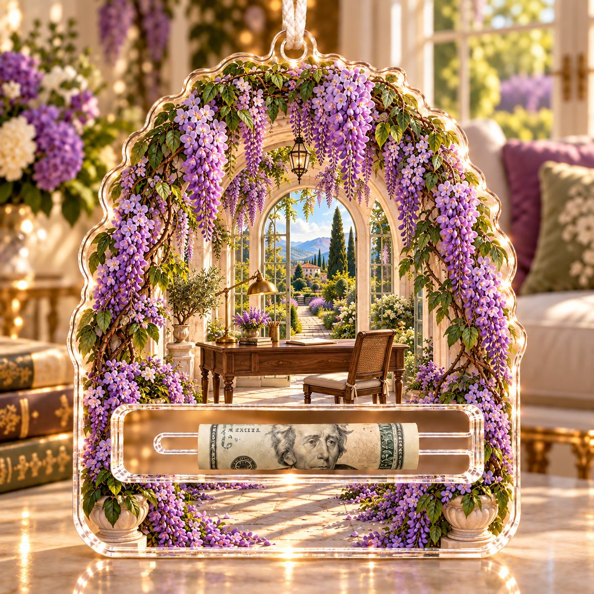 Wisteria Home Office Arch Acrylic Cash Holder Ornament with printed optical 3D artwork in its use setting