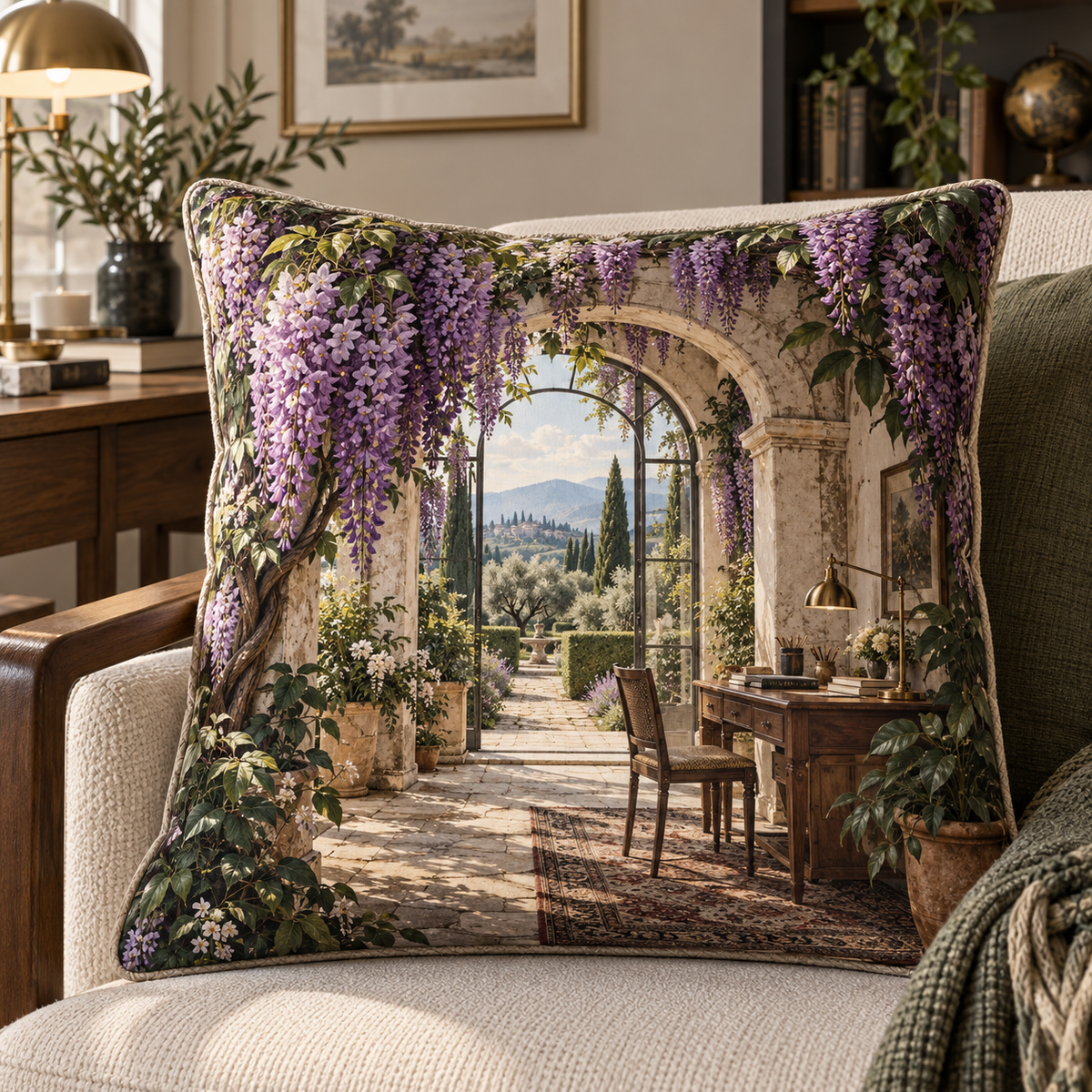 Wisteria Home Office Arch Quilted Cushion Cover with printed optical 3D artwork in its use setting