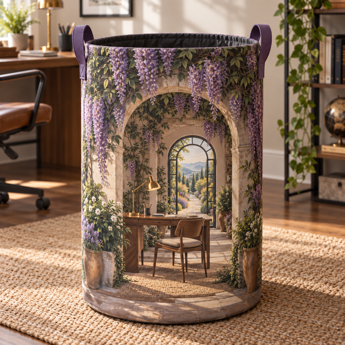 Wisteria Home Office Arch Laundry Hamper with printed optical 3D artwork in its use setting