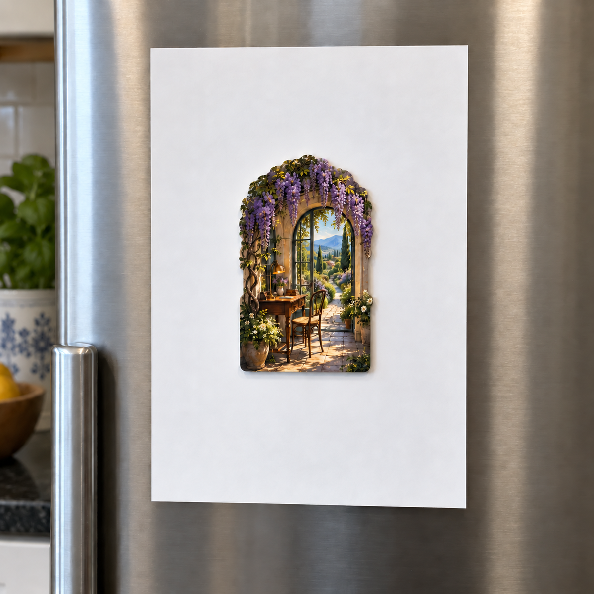 Wisteria Home Office Arch Acrylic Refrigerator Magnet with printed optical 3D artwork in its use setting