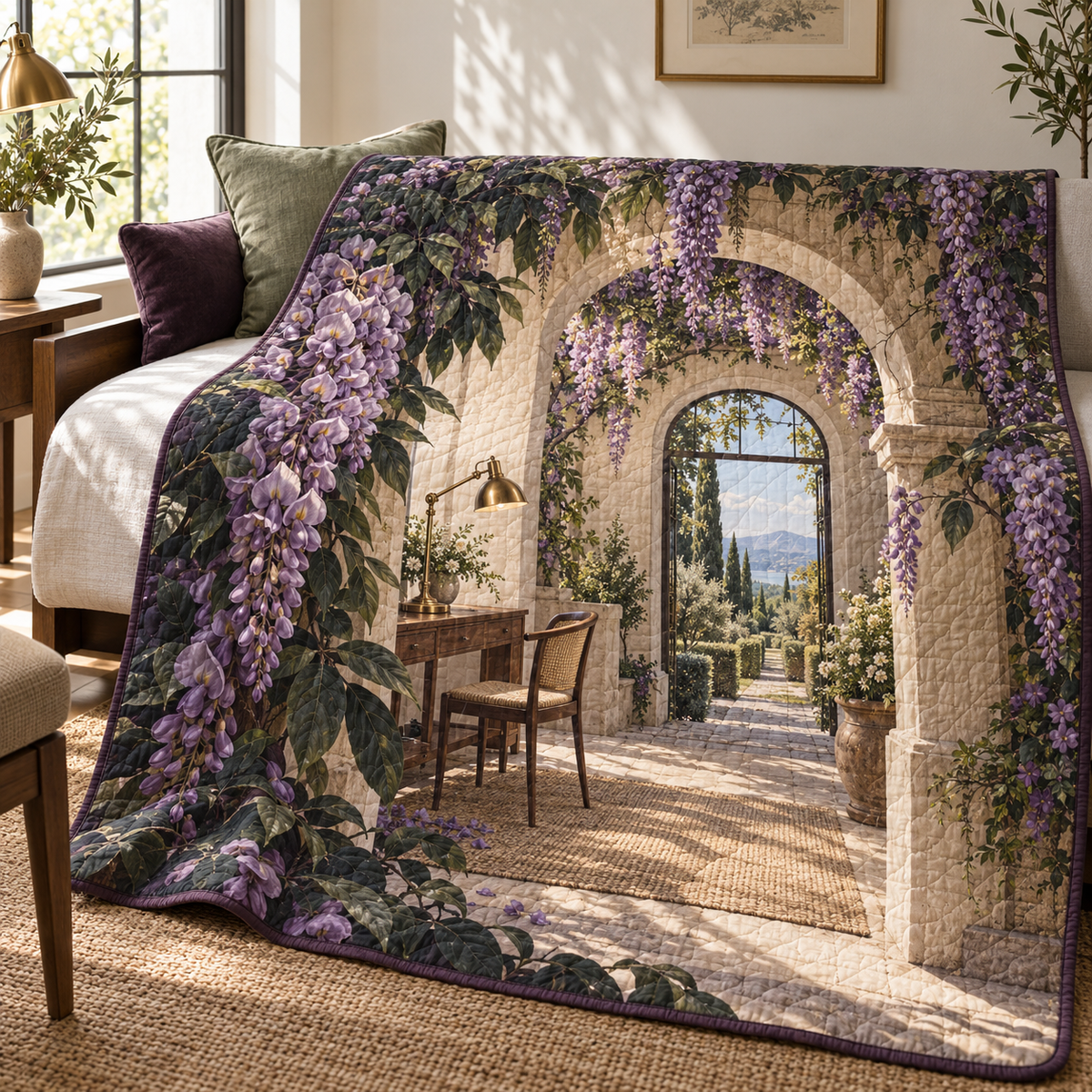 Wisteria Home Office Arch Quilt Blanket with printed optical 3D artwork in its use setting