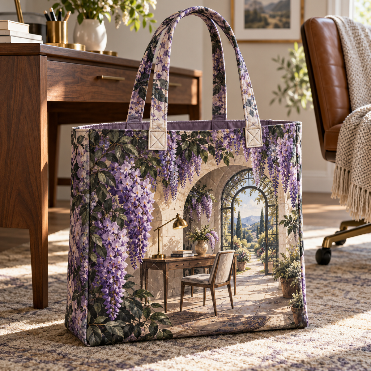 Wisteria Home Office Arch Quilted Tote Bag with printed optical 3D artwork in its use setting