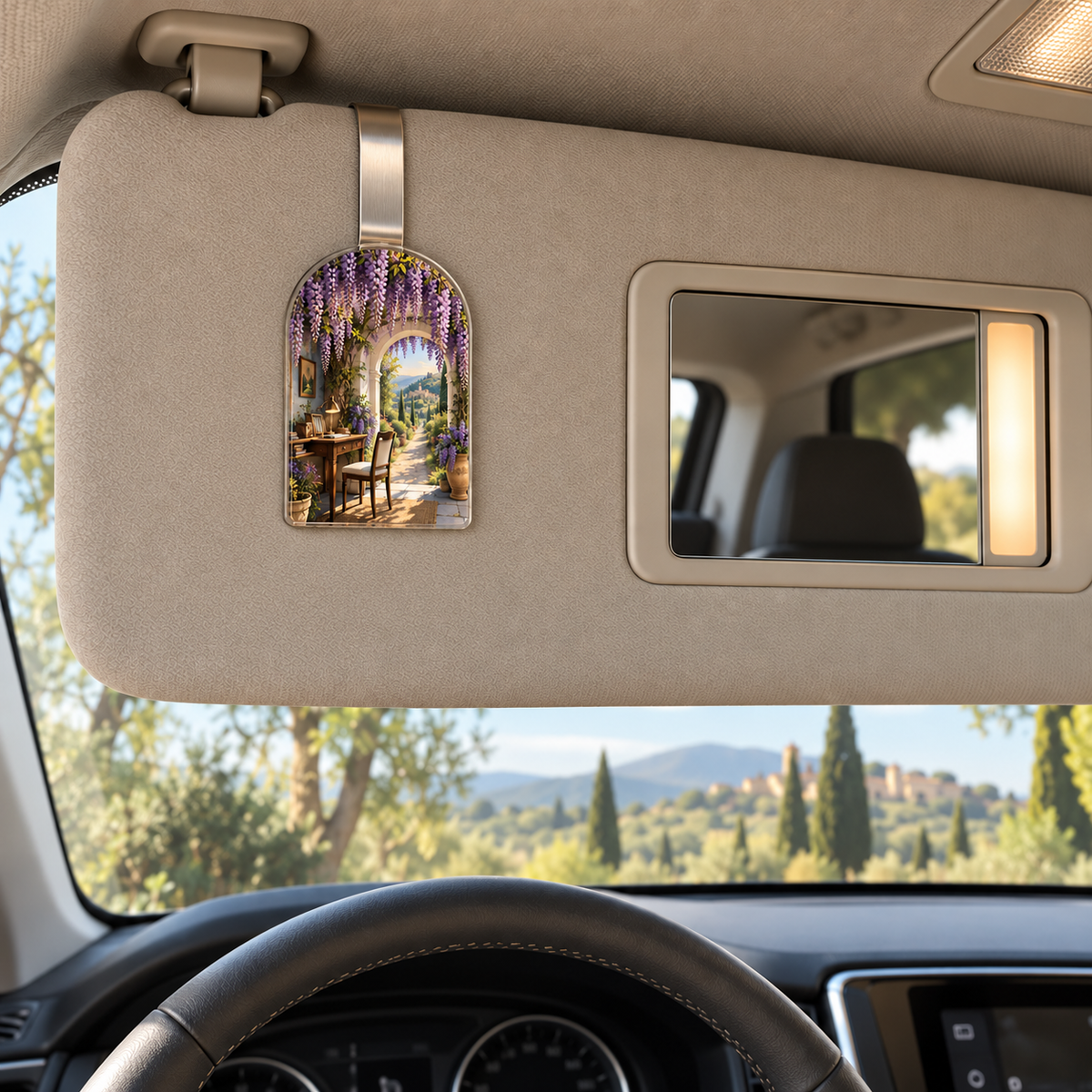 Wisteria Home Office Arch Holographic Car Visor Clip with printed optical 3D artwork in its use setting