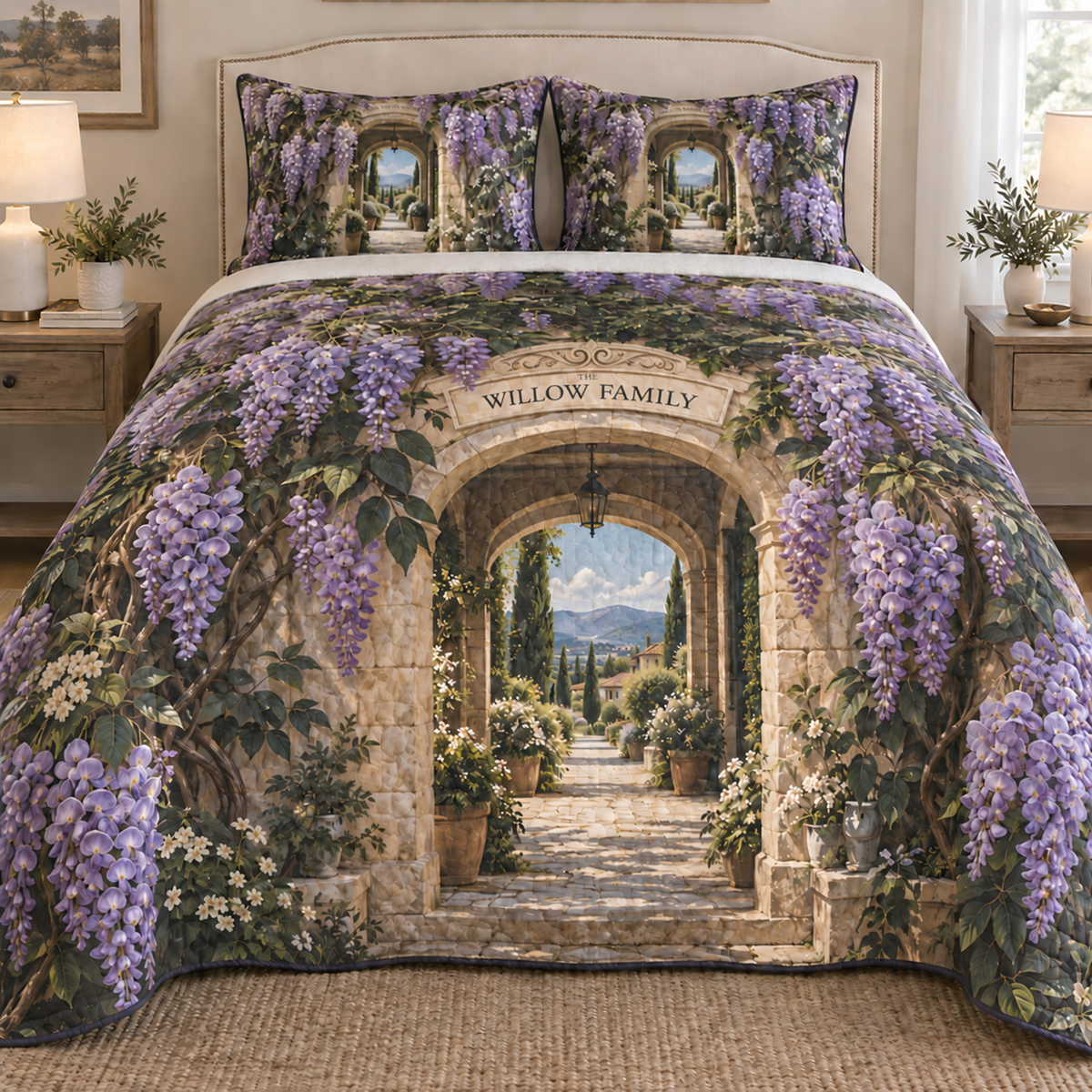 Wisteria Family Welcome Quilted Bedding Set with printed optical 3D artwork in its use setting