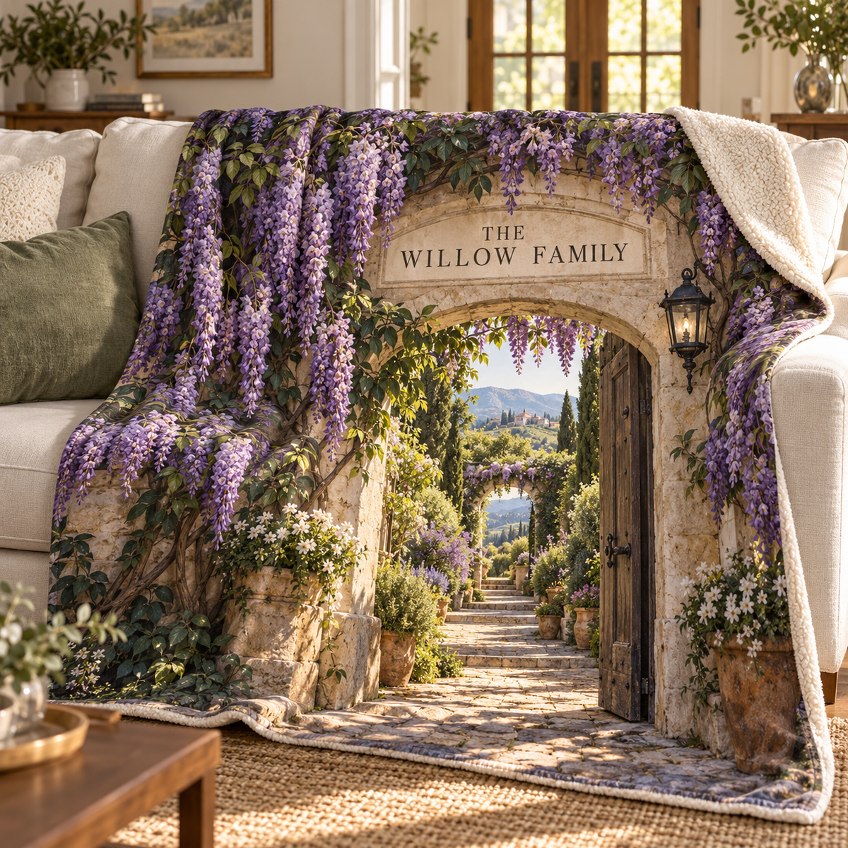 Wisteria Family Welcome Sherpa & Fleece Blanket with printed optical 3D artwork in its use setting