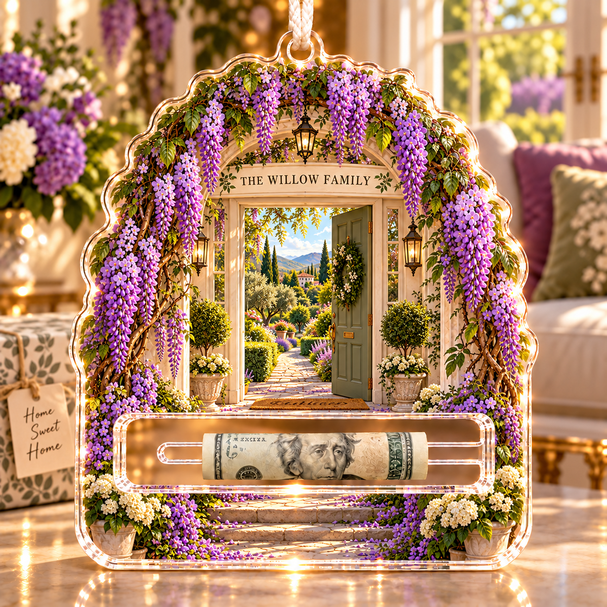 Wisteria Family Welcome Acrylic Cash Holder Ornament with printed optical 3D artwork in its use setting