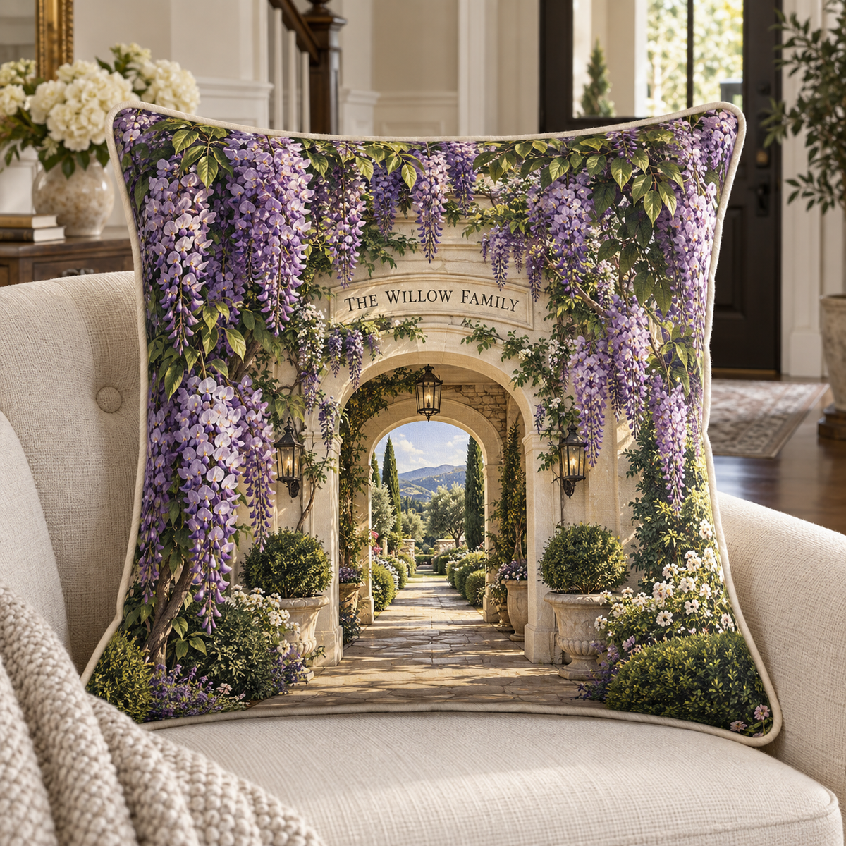 Wisteria Family Welcome Quilted Cushion Cover with printed optical 3D artwork in its use setting