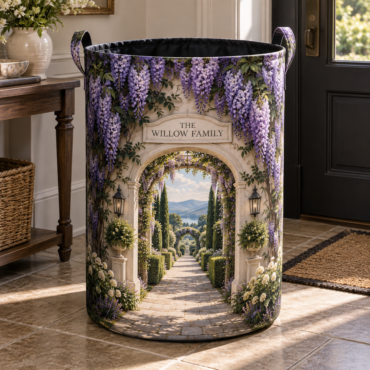Wisteria Family Welcome Laundry Hamper with printed optical 3D artwork in its use setting