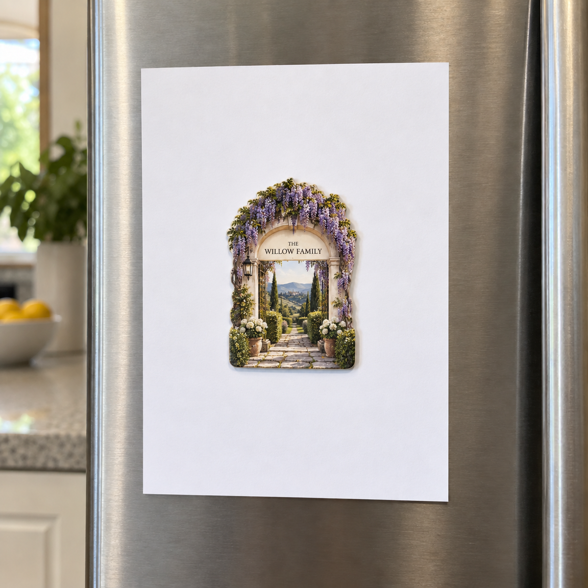 Wisteria Family Welcome Acrylic Refrigerator Magnet with printed optical 3D artwork in its use setting