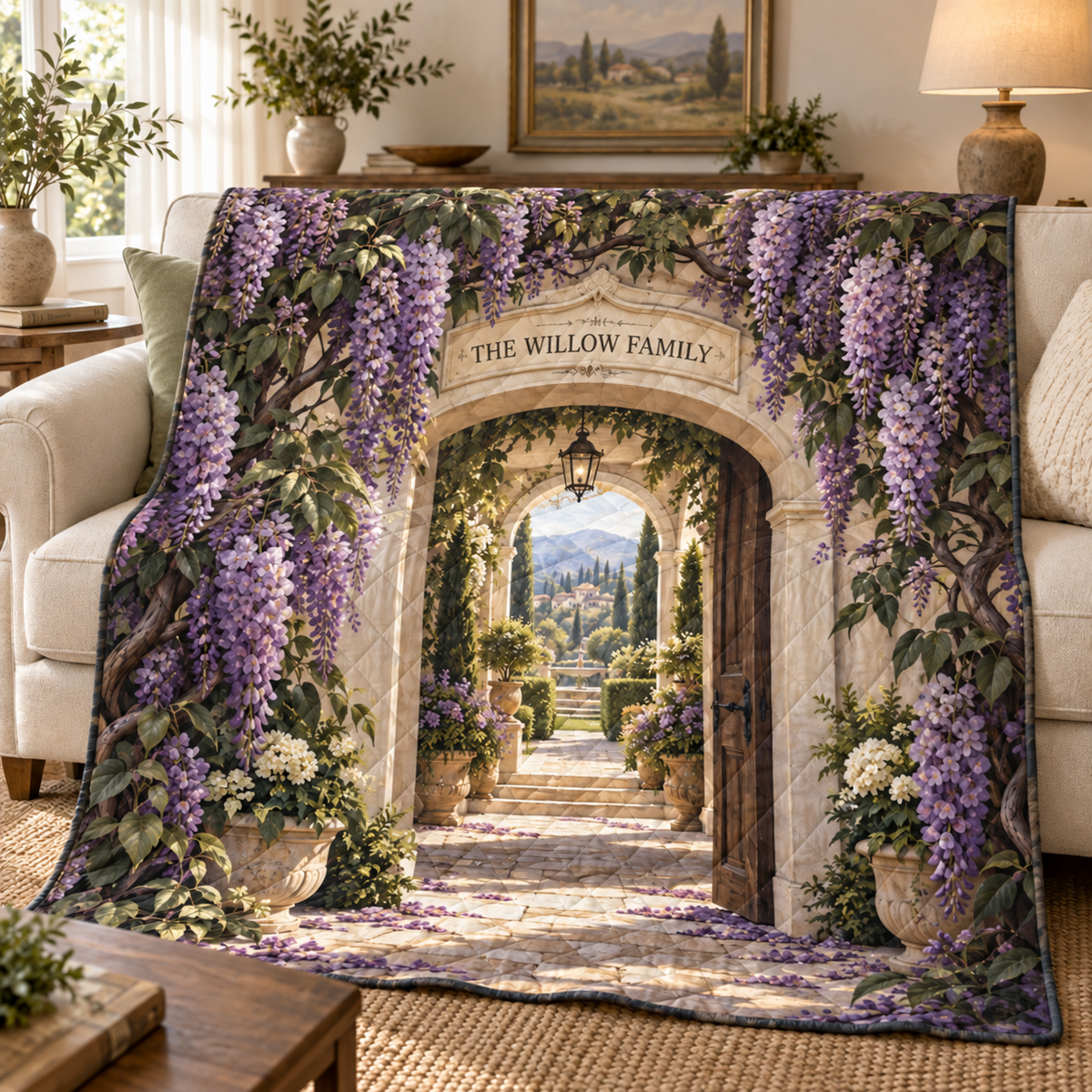 Wisteria Family Welcome Quilt Blanket with printed optical 3D artwork in its use setting