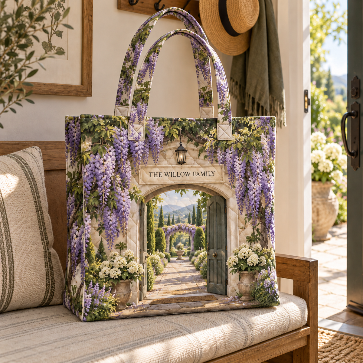 Wisteria Family Welcome Quilted Tote Bag with printed optical 3D artwork in its use setting
