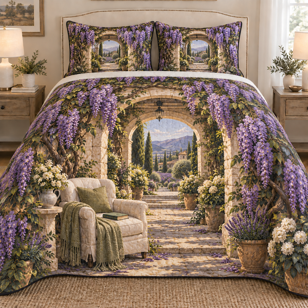 Wisteria Quiet Corner Quilted Bedding Set with printed optical 3D artwork in its use setting