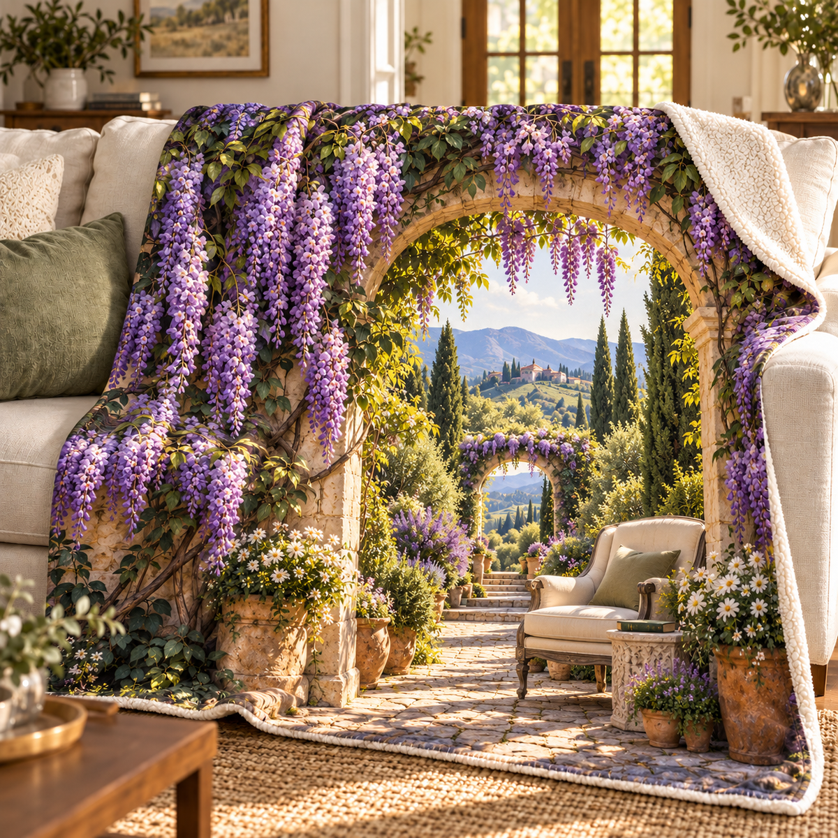Wisteria Quiet Corner Sherpa & Fleece Blanket with printed optical 3D artwork in its use setting
