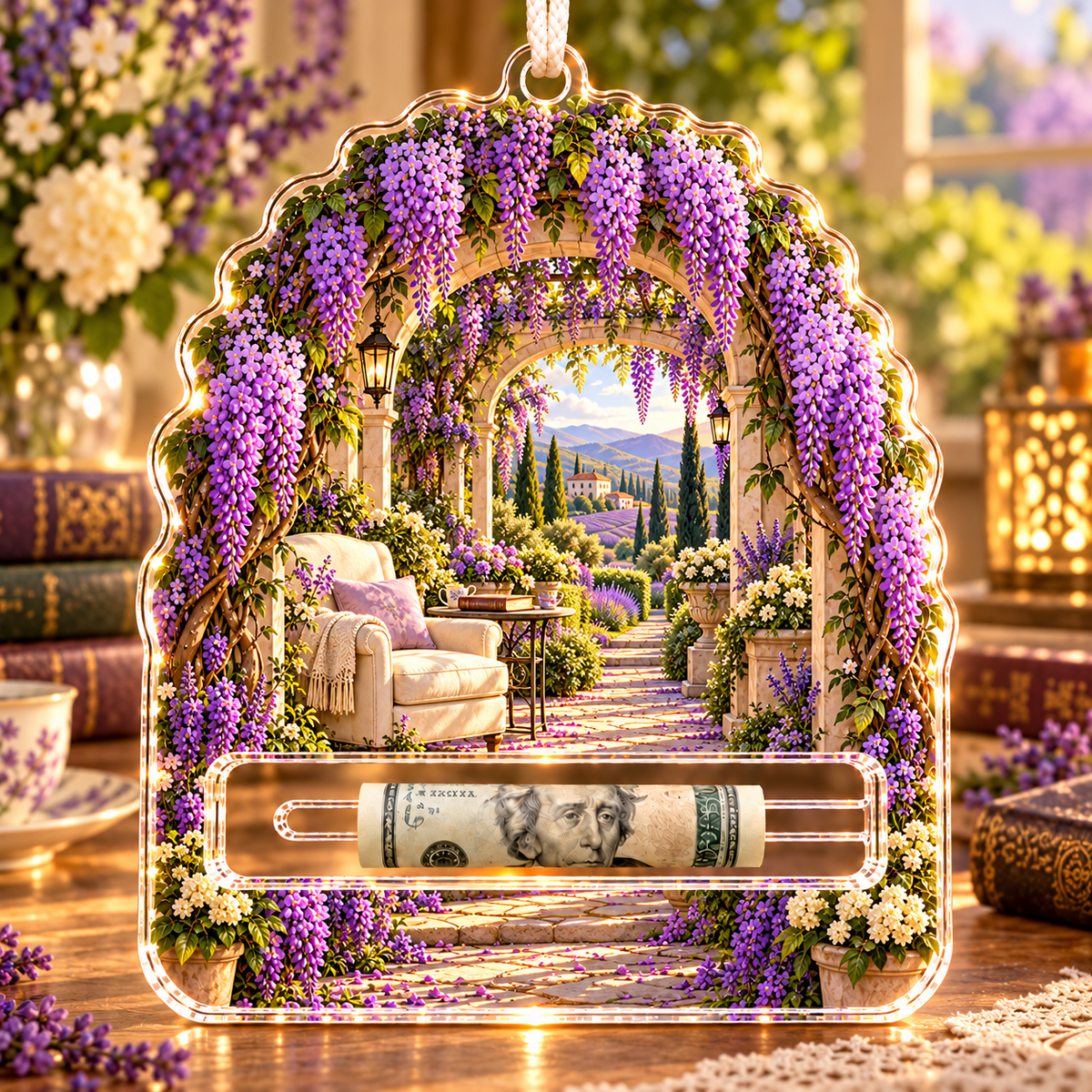 Wisteria Quiet Corner Acrylic Cash Holder Ornament with printed optical 3D artwork in its use setting