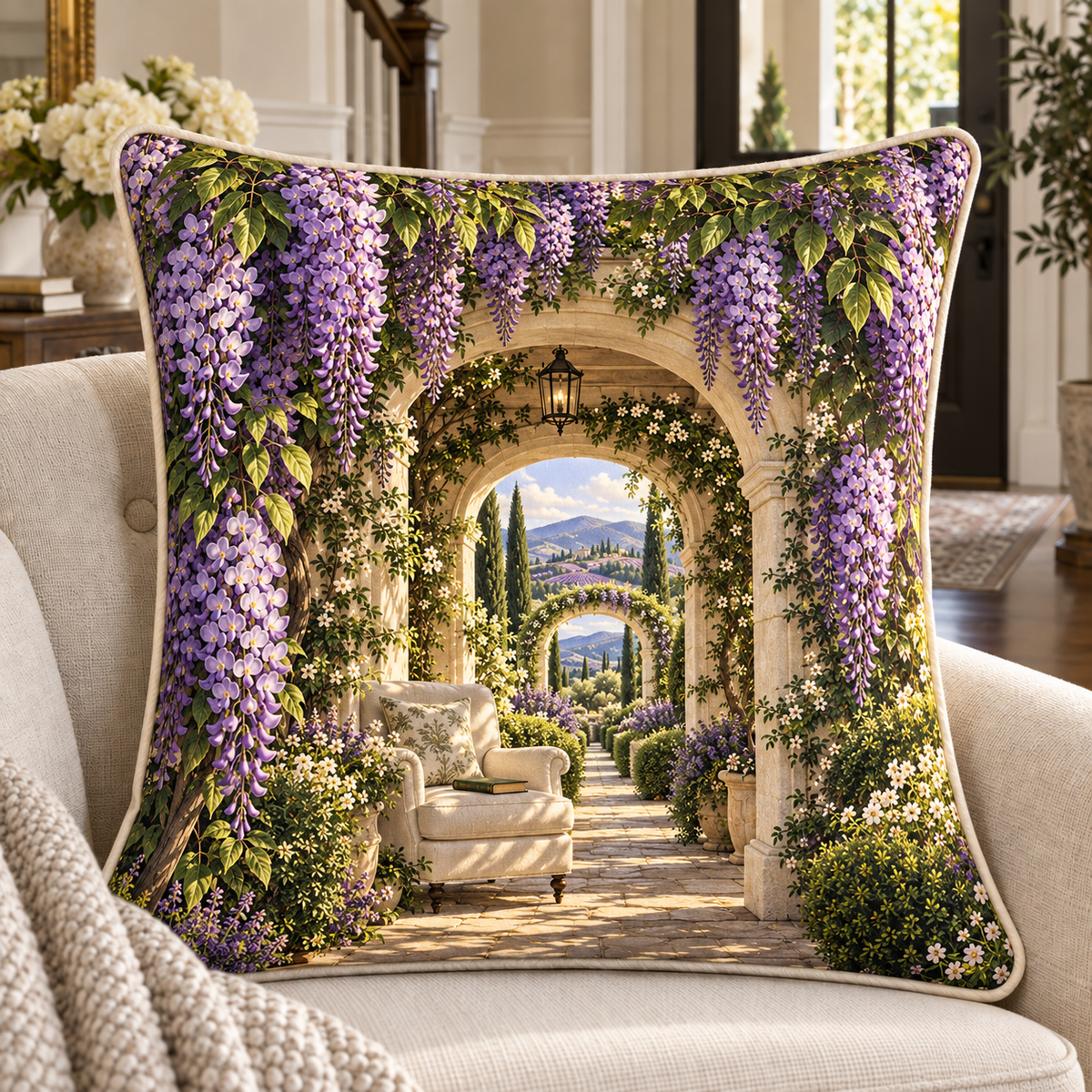 Wisteria Quiet Corner Quilted Cushion Cover with printed optical 3D artwork in its use setting