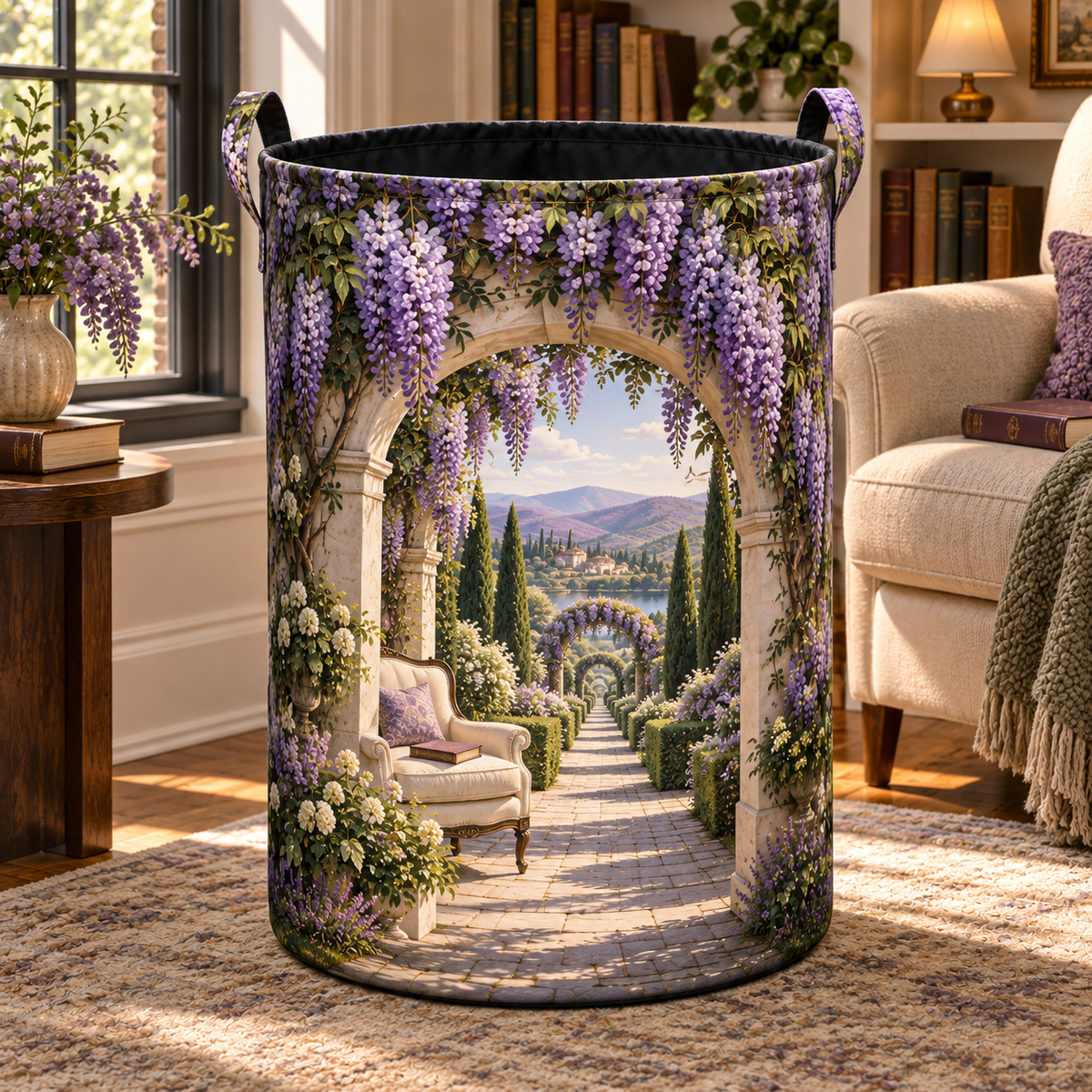 Wisteria Quiet Corner Laundry Hamper with printed optical 3D artwork in its use setting
