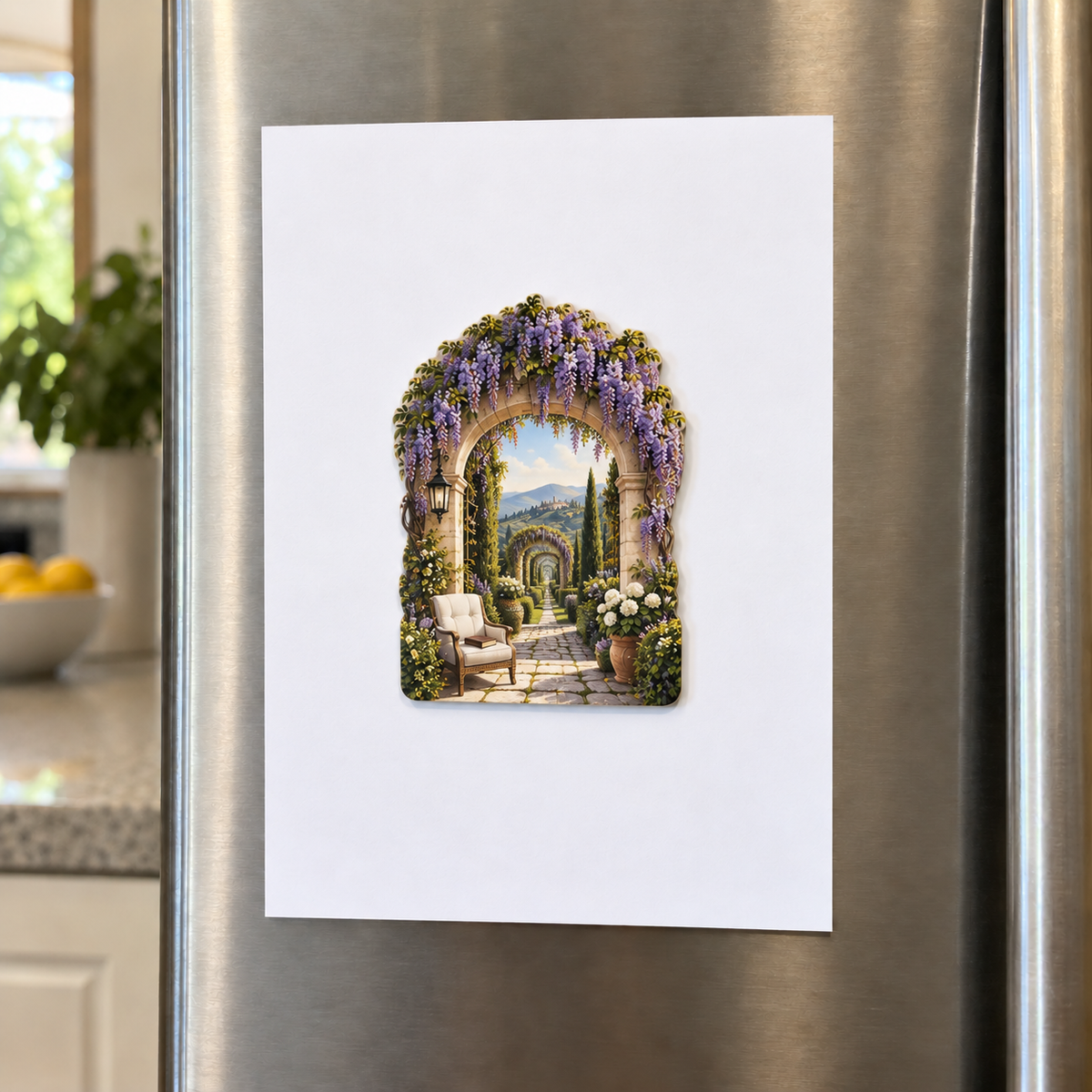 Wisteria Quiet Corner Acrylic Refrigerator Magnet with printed optical 3D artwork in its use setting