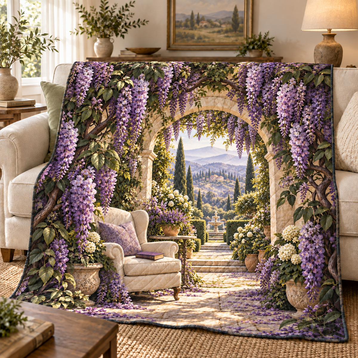 Wisteria Quiet Corner Quilt Blanket with printed optical 3D artwork in its use setting