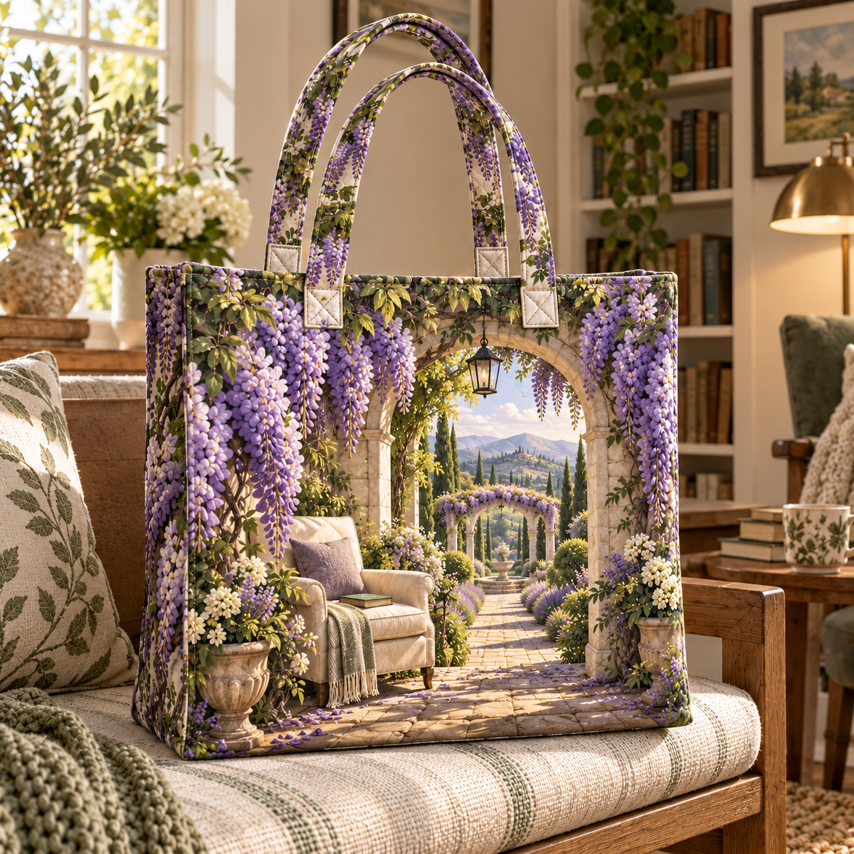 Wisteria Quiet Corner Quilted Tote Bag with printed optical 3D artwork in its use setting