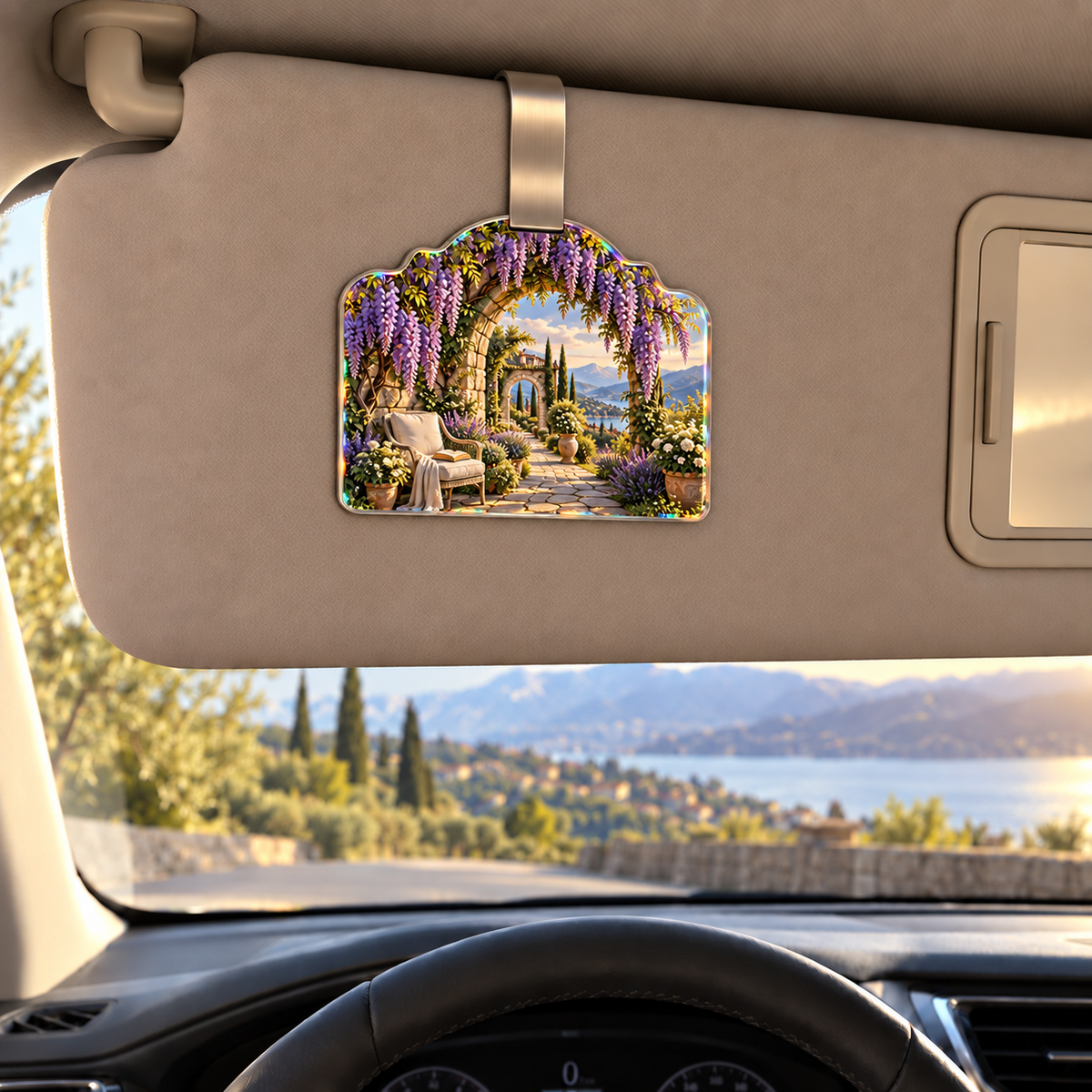 Wisteria Quiet Corner Holographic Car Visor Clip with printed optical 3D artwork in its use setting