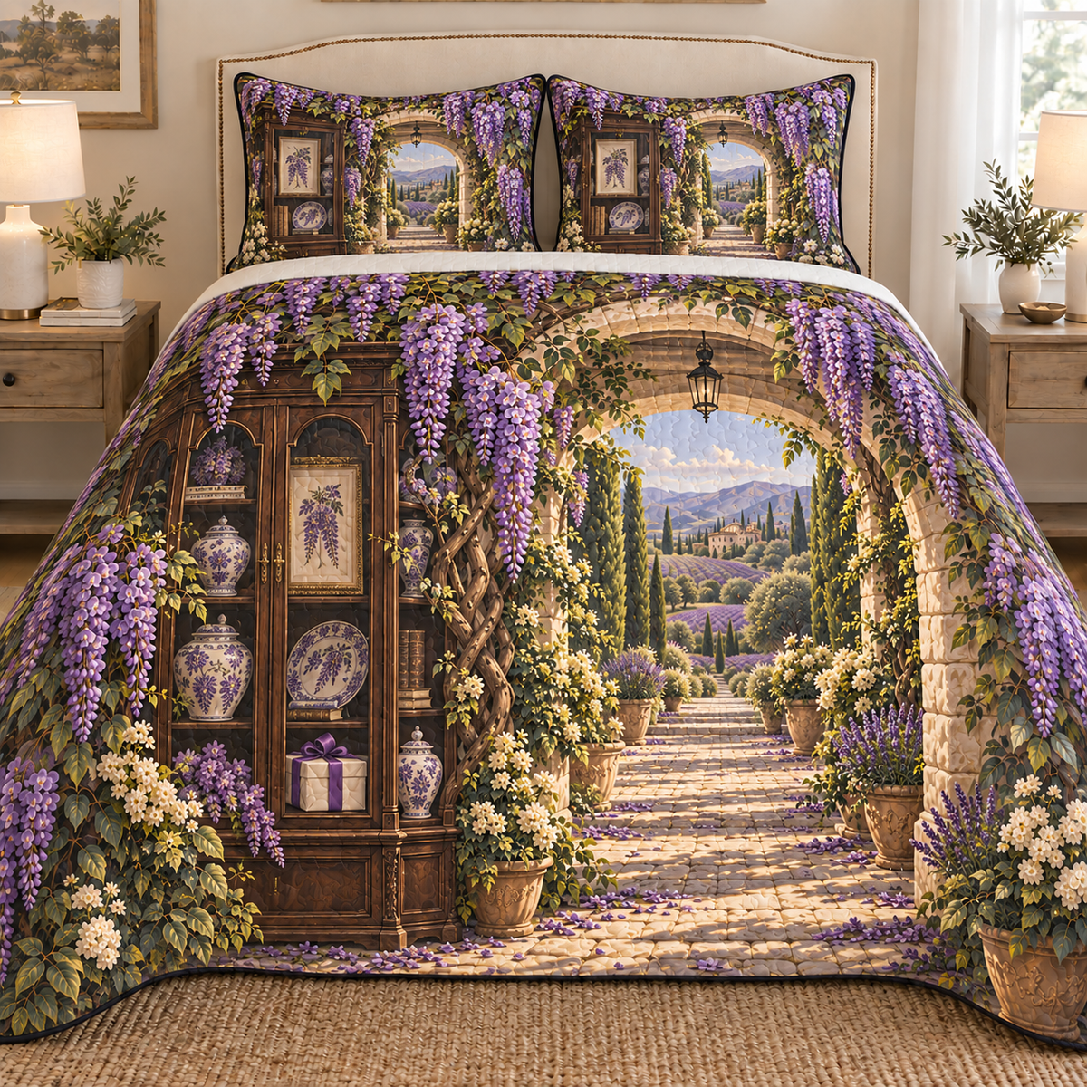 Wisteria Collector Birthday Quilted Bedding Set with printed optical 3D artwork in its use setting
