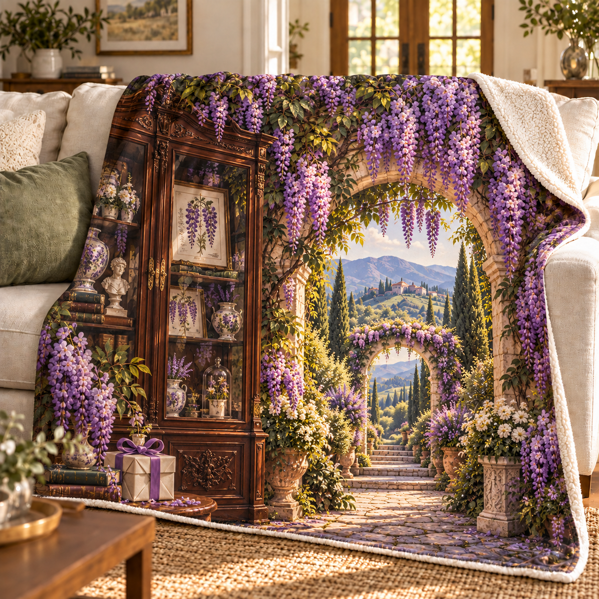 Wisteria Collector Birthday Sherpa & Fleece Blanket with printed optical 3D artwork in its use setting