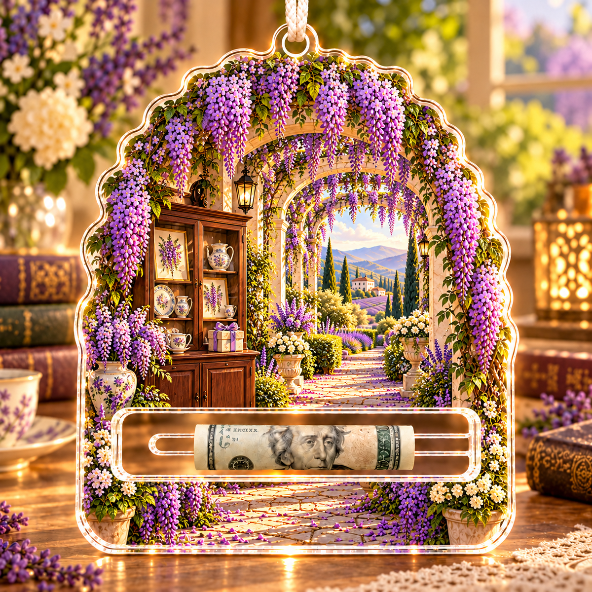 Wisteria Collector Birthday Acrylic Cash Holder Ornament with printed optical 3D artwork in its use setting