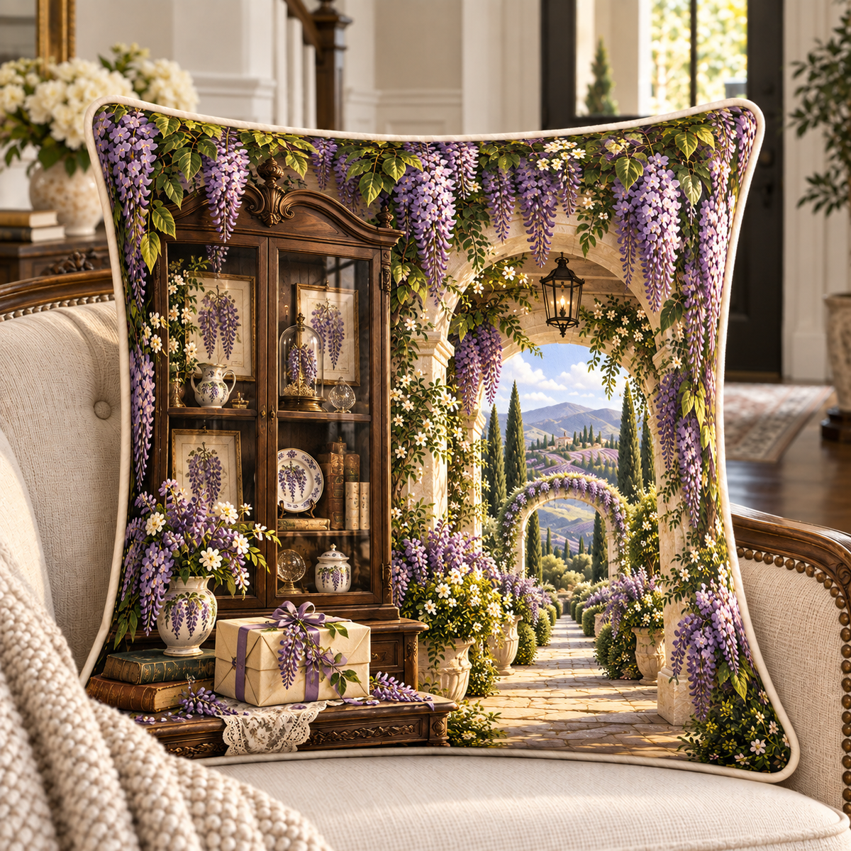 Wisteria Collector Birthday Quilted Cushion Cover with printed optical 3D artwork in its use setting