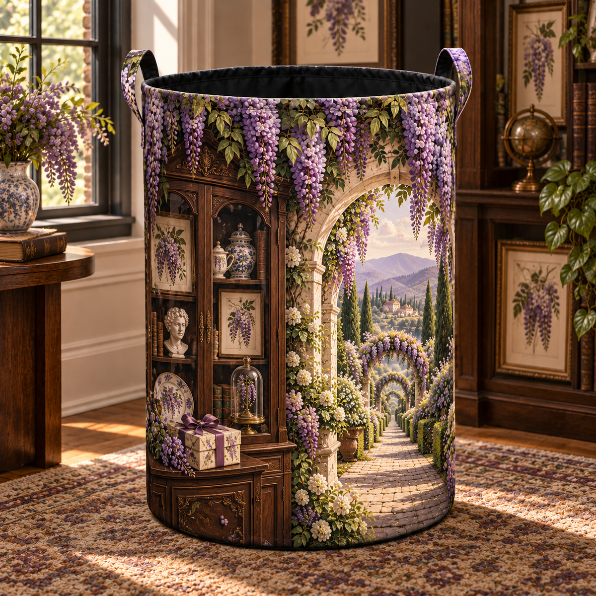 Wisteria Collector Birthday Laundry Hamper with printed optical 3D artwork in its use setting