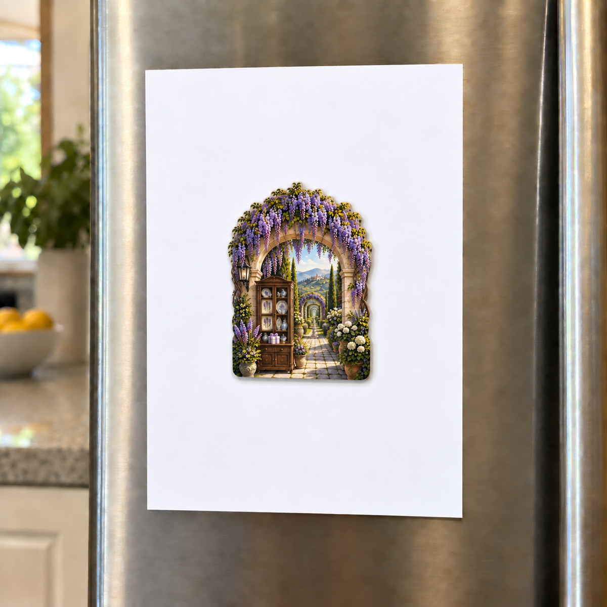 Wisteria Collector Birthday Acrylic Refrigerator Magnet with printed optical 3D artwork in its use setting