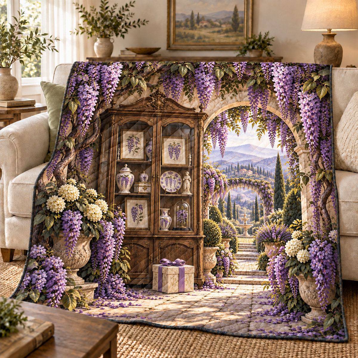 Wisteria Collector Birthday Quilt Blanket with printed optical 3D artwork in its use setting
