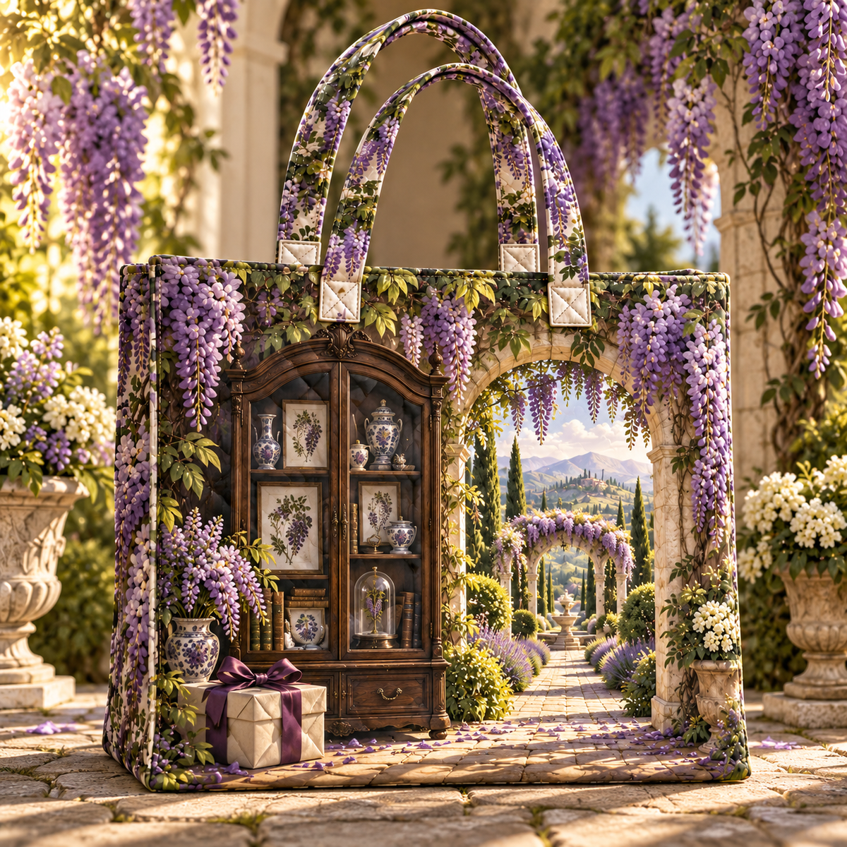 Wisteria Collector Birthday Quilted Tote Bag with printed optical 3D artwork in its use setting