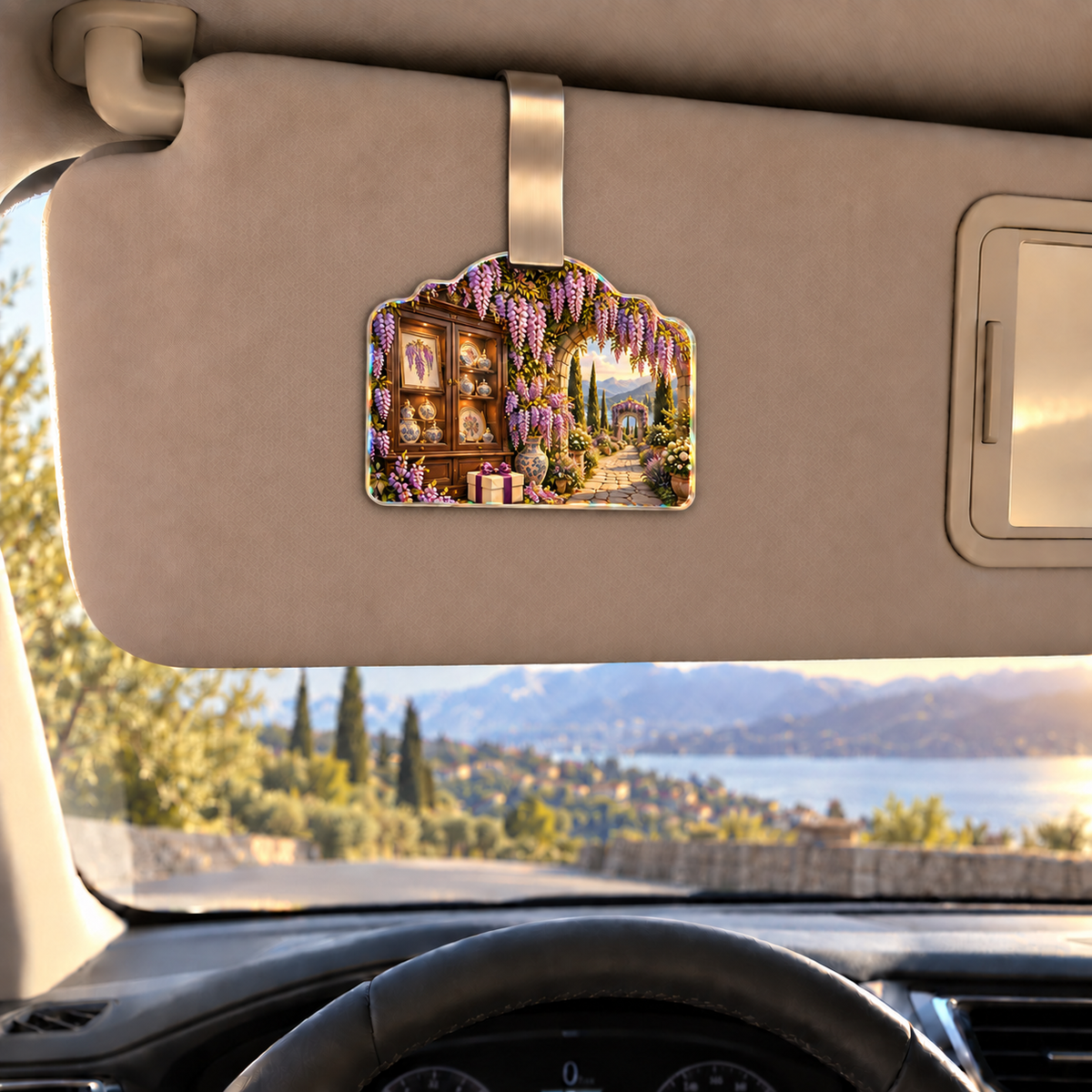 Wisteria Collector Birthday Holographic Car Visor Clip with printed optical 3D artwork in its use setting