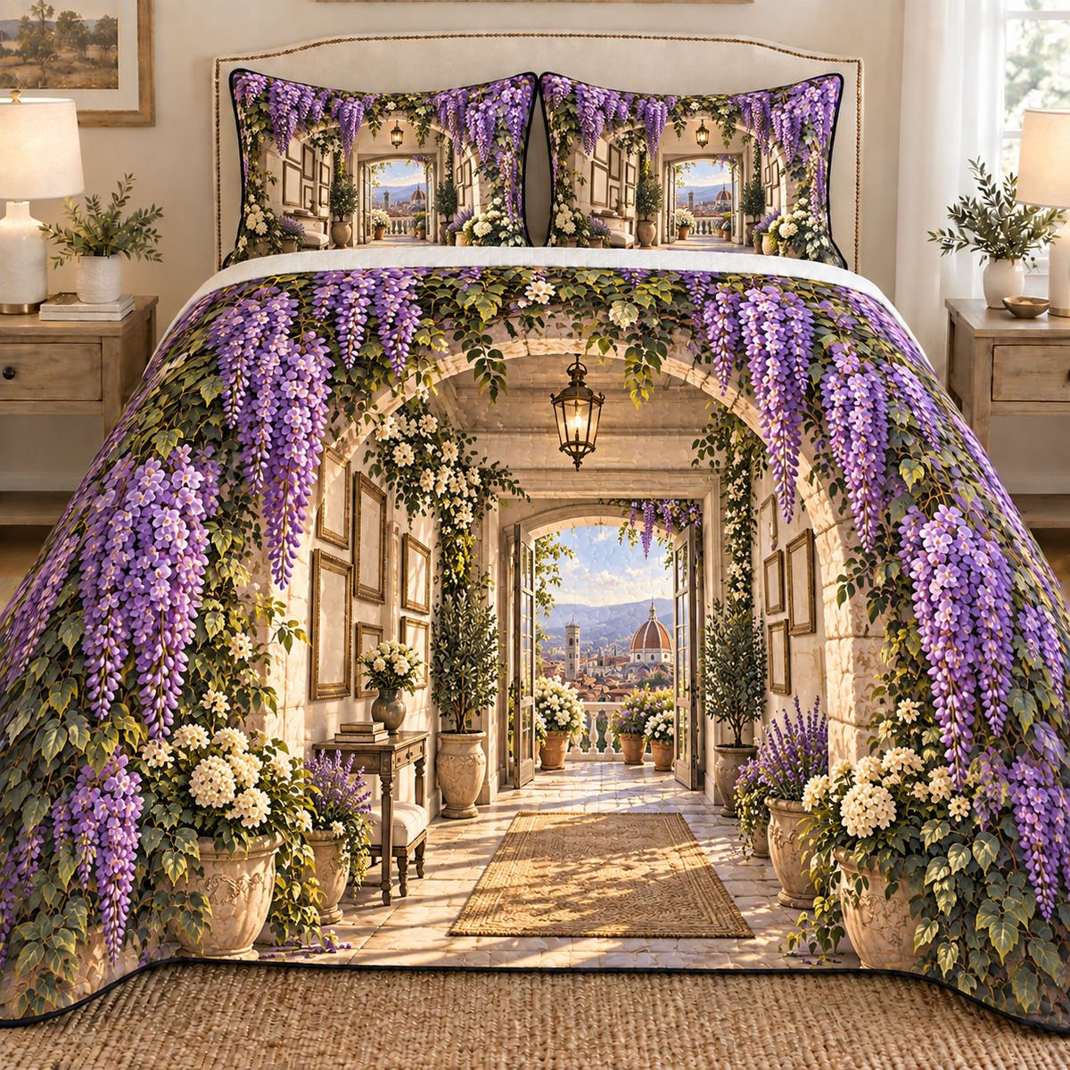 Wisteria Apartment Gallery Quilted Bedding Set with printed optical 3D artwork in its use setting