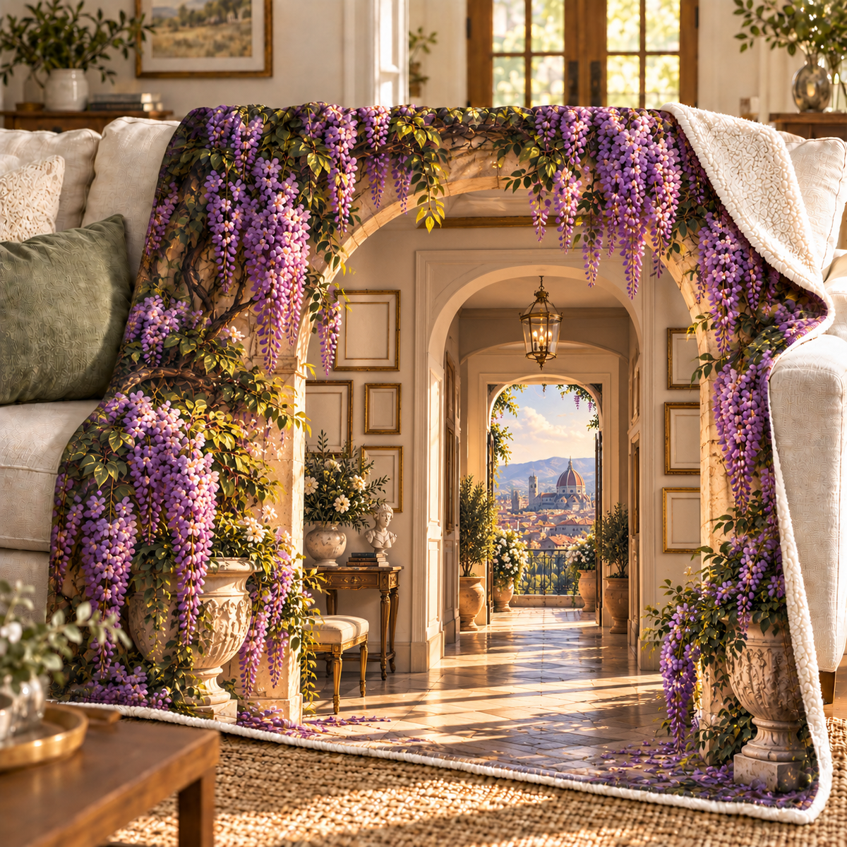 Wisteria Apartment Gallery Sherpa & Fleece Blanket with printed optical 3D artwork in its use setting