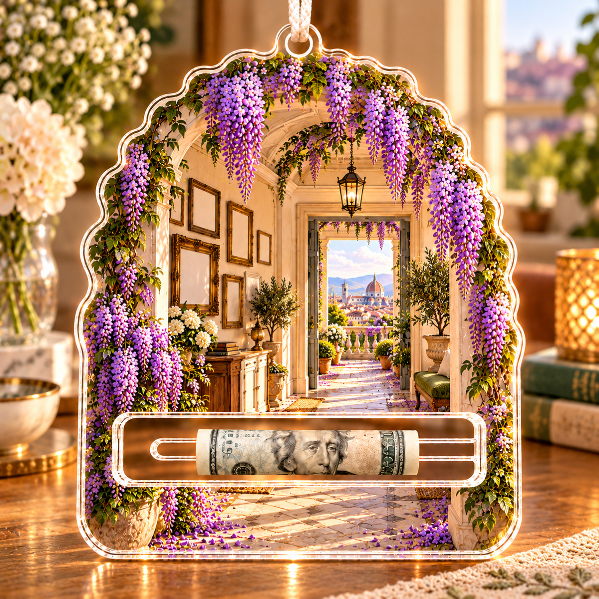 Wisteria Apartment Gallery Acrylic Cash Holder Ornament with printed optical 3D artwork in its use setting