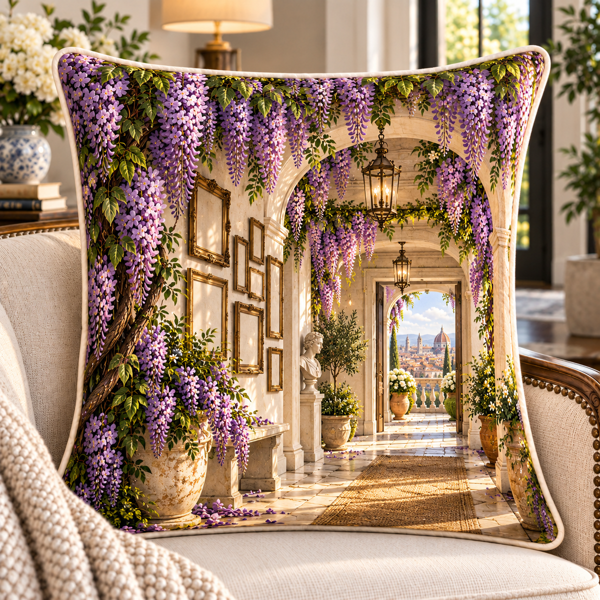 Wisteria Apartment Gallery Quilted Cushion Cover with printed optical 3D artwork in its use setting
