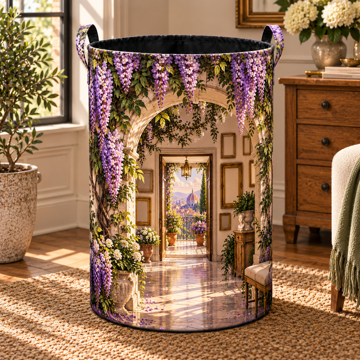 Wisteria Apartment Gallery Laundry Hamper with printed optical 3D artwork in its use setting
